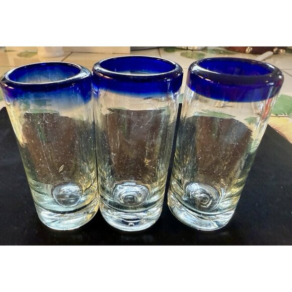3 Mexican Hand Blown Shot Glass Blue Rim 4” - Picture 9 of 11